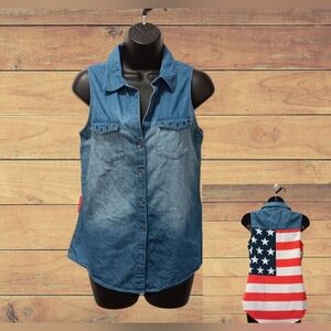 Rock & Republic Blue Denim Sleeveless Top W/American Flag Back XS